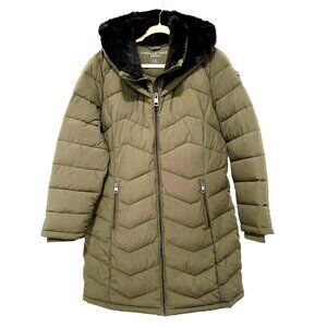 Andrew Marc Womens Olive Green Quilted Puffer Coat W/ Faux Fur Hood & Zip Pocket